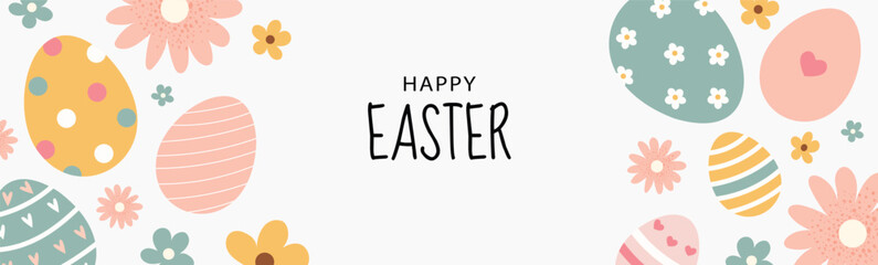 Happy Easter greeting card with decorated eggs and flowers. Minimalistic festive design with soft colors. Cute spring holiday background. Flat vector Easter banner isolated on white.