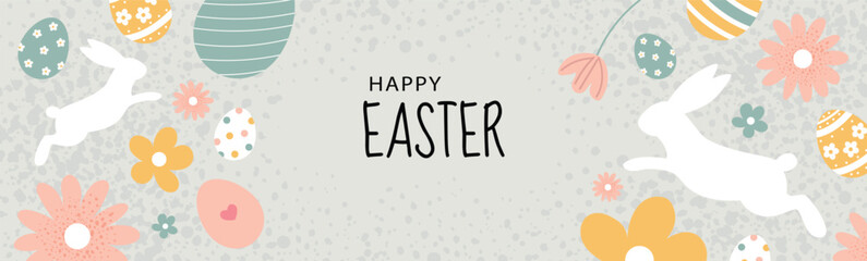 Happy Easter card with white bunny silhouettes, pastel eggs, and spring flowers. Cute festive design with nature elements and decorative background. Flat vector holiday illustration.