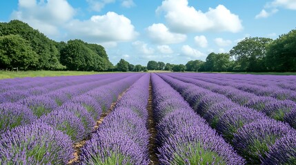 A vast expansive lavender field beneath a bright blue sky
