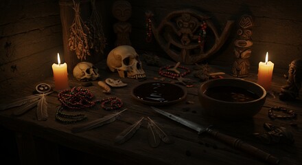 Voodoo Ritual Scene with Skulls Candles and Dark Wooden Table
