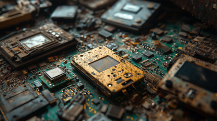 A high-resolution macro shot of a metallic processor embedded in a dense network of circuit boards. This high-tech visualization captures the power of AI, semiconductors, and modern computing