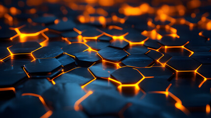 A cluster of hexagons with glowing edges, forming a beehive-like structure that gradually distorts