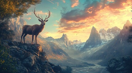 Majestic Stag on Mountain Peak at Sunset Dramatic Landscape