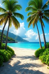 Fototapeta premium Sun-drenched coastal road, palms arching over turquoise sea , travel, destination