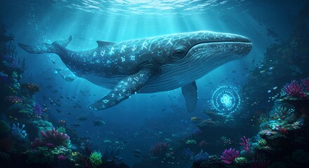 Whale swimming underwater in ocean with coral reef and glowing runes
