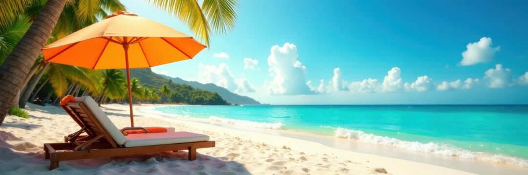 Bright sunny beach, sizzling summer sale announcement, sunshine, sand - Powered by Adobe