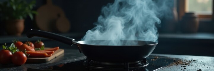 Steaming skillet, dark moody kitchen scene Smoke rises dramatically , culinary, detail, dark