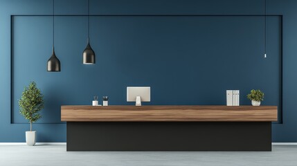 Modern Reception Area with Wood Counter and Teal Blue Wall