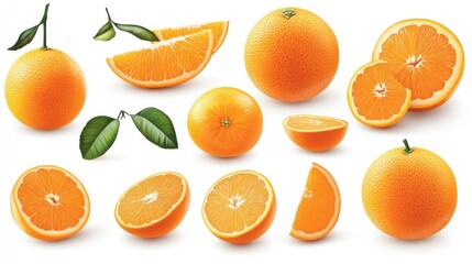 Fresh oranges, various slices, isolated on white.  Possible use Food photography, nutrition, healthy eating