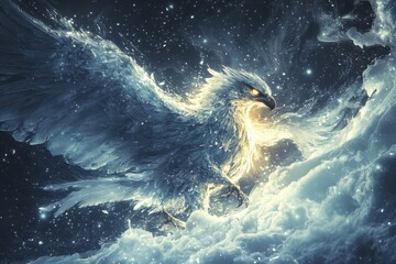 A glowing bird soaring amongst clouds and a starry night sky
