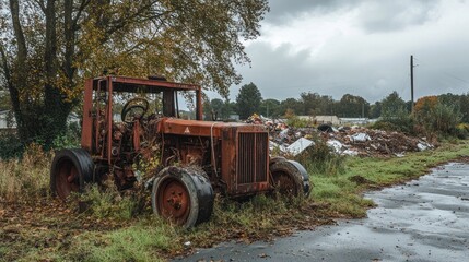 Fototapeta premium An old, rusty tractor sits abandoned near a waste site under a cloudy sky.