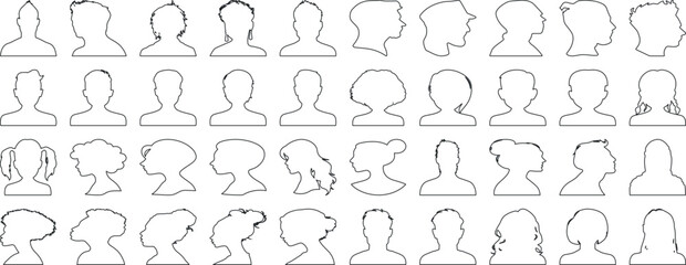 man woman profile line art head, hairstyle, men, women outline collection, variety line art. features unique hairstyles, male and female head silhouettes, showcasing various hairstyles, side view