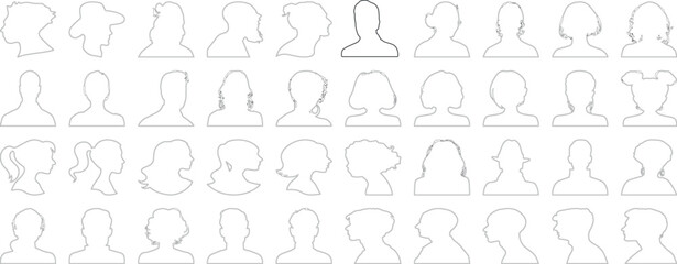 man woman profile line art head, hairstyle, men, women outline collection, variety line art. features unique hairstyles, male and female head silhouettes, showcasing various hairstyles, side view