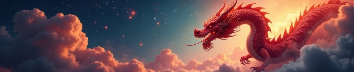 Ancient dragon amidst swirling nebula and pyrotechnics , mystery, flight, clouds