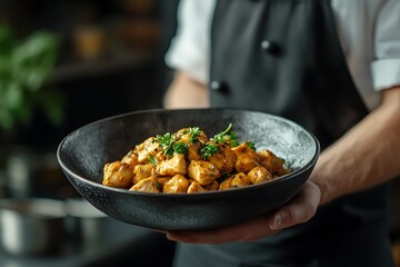 Chef Presenting a Delicious Dish of Sauteed Chicken in a Dark Bowl