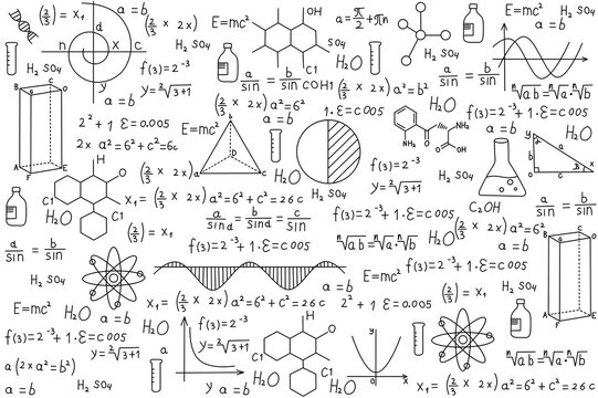 Scientific formulas on a transparent background. Themes of going back to school, going to university. Exact sciences for design. Illustration with formulas on geometry, algebra, physics, chemistry.