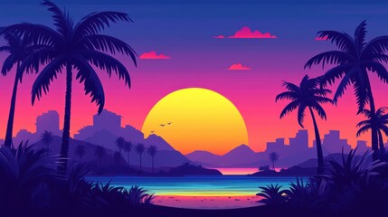 Naklejka premium Tropical Beach Sunset Scene with Palm Trees and City Skyline