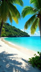Azure water laps white sand; lush palms frame turquoise bay, summer, scenic