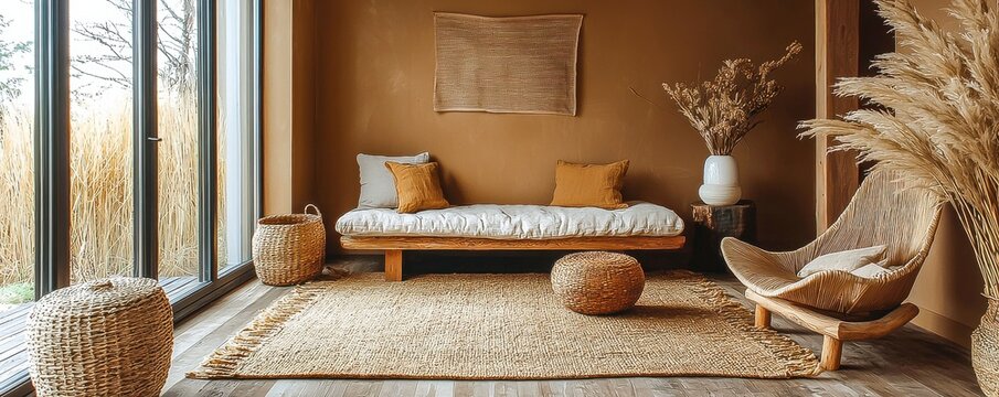 Cozy dark room interior featuring empty brown wall and Scandinavian wooden furniture with a stylish sofa creating a warm and inviting atmosphere 3D render