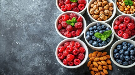 Top view of assorted nuts and berries in white bowls on a grey background beautifully showcasing a vibrant selection of healthy superfoods and seeds