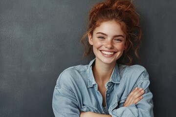 Obraz premium A confident and stylish female executive, wearing a blue shirt, stands with her arms crossed in front of a gray background, smiling at the camera