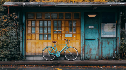 A teal vintage bicycle rests outside an old wooden house with a weathered facade. This nostalgic street-style image captures rustic charm, daily life, and the quiet mood of small-town living