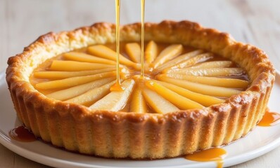 Delicious pear tart with syrup drizzle