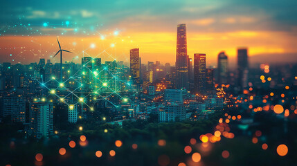 A glowing smart cityscape at dusk with visible data nodes and network connections over the skyline. This digital art represents IoT infrastructure, 5G connectivity, and the emergence 