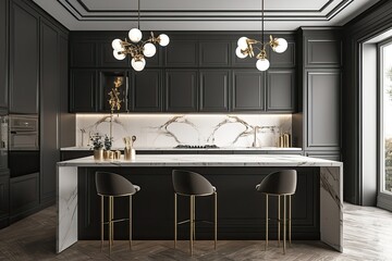 Modern dark kitchen island, marble, luxury home, interior design, city view