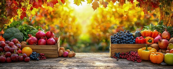 Three-dimensional transparent produce display of autumn fruits and vegetables isolated on a white background showcasing a farmer's market experience