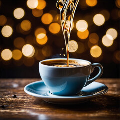 Obraz premium Closeup Pouring Coffee into Cup with Warm Golden Bokeh Light Background