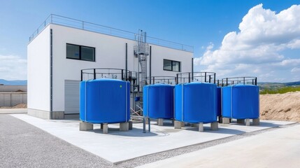 Modern Water Storage Facility with Blue Tanks and Bright Sky in Background