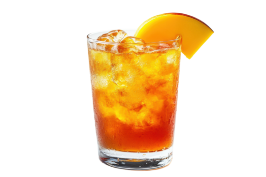 Refreshing iced beverage with a slice of fruit served in a clear glass during warm weather