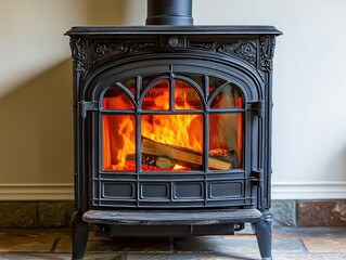 A Cozy Wood Stove Crafted from Cast Iron with Burning Flames and Glowing Embers Surrounded by Plaster Bandage Logs Radiates Warmth on a Chilly Winter Day