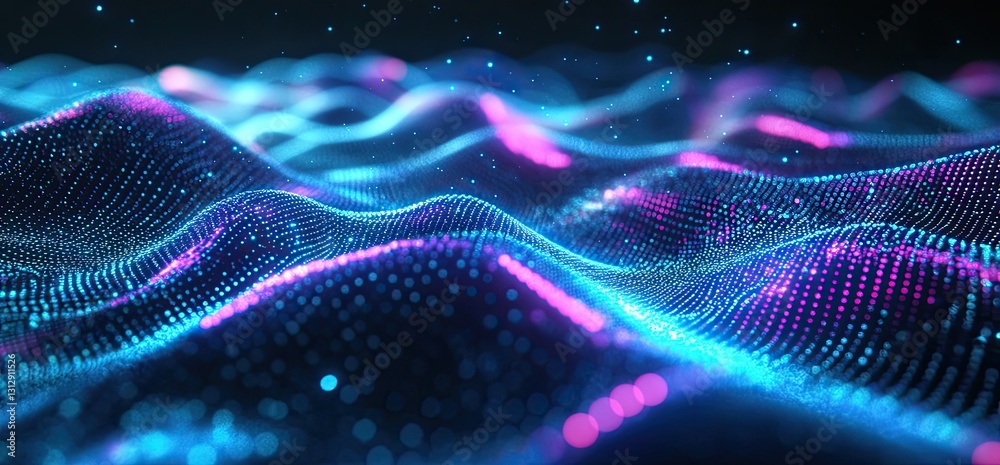 Poster the concept of big data. blockchain in 3d. information waves with global database. synchronized with