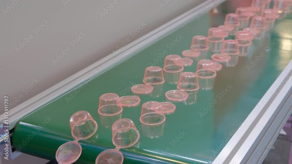 Poster A conveyor belt with pink plastic cups on it. The cups are lined up in a row and are all the same color