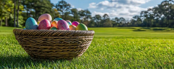 Easter egg hunt on a lush green lawn with an empty basket beneath a clear blue sky creating a festive atmosphere perfect for family events and seasonal holiday concepts