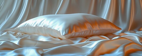 Elegant white silk pillowcase with satin finish on a smooth light grey background offering ample space perfect for text and branding versatility.