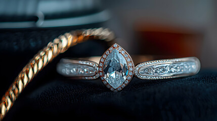 A beautiful diamond ring is displayed on dark fabric