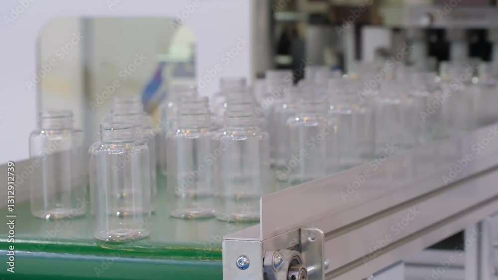 Aufkleber a conveyor belt with many clear plastic bottles on it. the bottles are being made in a factory