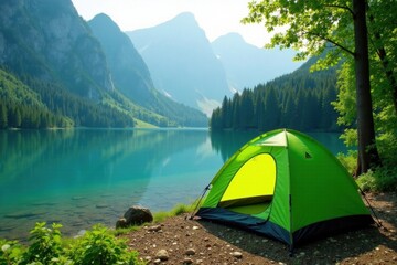 Bright green camping tent pitched near a pristine lake, surrounded by lush forest , tent, lake, shadow