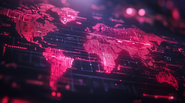 A glowing red and purple abstract digital map of the world