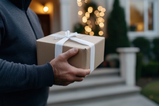 A delivery person is seen holding a neatly wrapped gift package, symbolizing the excitement and joy of receiving parcels during the holiday season.