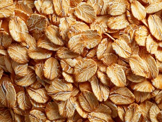 Topview of a heap of brown oatmeal grains on a beige background highlighting the agricultural aspect of this nutritious breakfast staple.