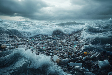 Choppy waves collide with a large mass of floating debris, revealing the harsh reality of ocean pollution amid a turbulent and stormy atmosphere during overcast conditions.