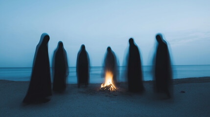 Ominous cloaked, faceless figures hovering around a bonfire on a beach, their feet not visible, captured in a candid smartphone photograph just before dawn from an anonymous location