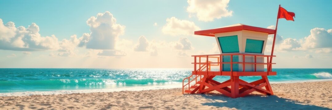 Art Deco lifeguard stand, vibrant ocean backdrop, sand, booth
