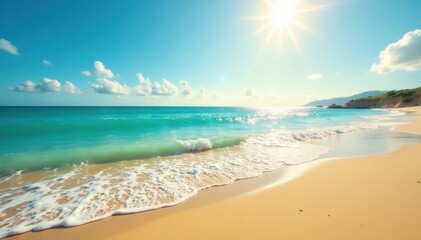 Obraz premium Golden sand, turquoise waves, bright sun reflecting on water, beach, graphic