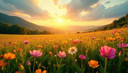 Fototapeta premium Golden sunlight bathes a vast field of wildflowers, creating a breathtaking panorama , botany, blooming
