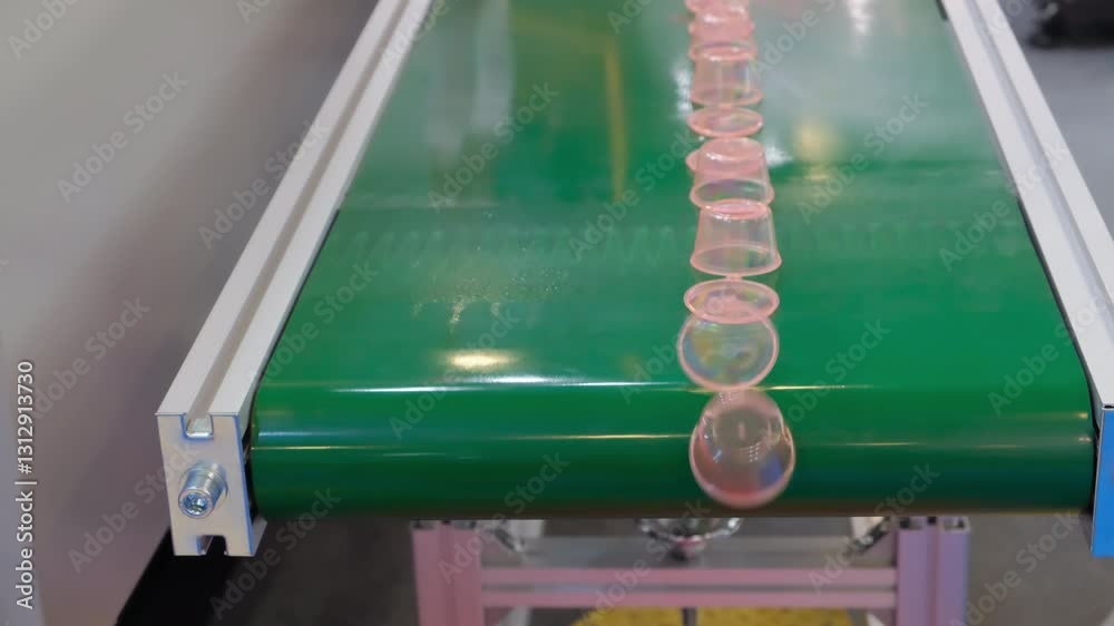 Aufkleber A conveyor belt with pink plastic cups on it. The cups are lined up in a row and are all the same color